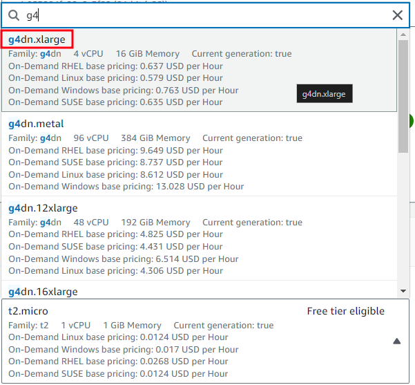 Select Instance G4dn.xlarge